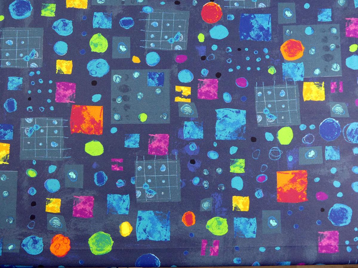 Patchworkstoff Windham Fabrics Presents tiefblau mit bunten Karos und Kreisen